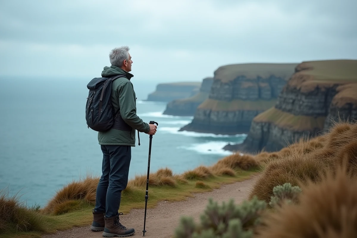 Homme de 50 ans en randonnée solo sur un sentier côtier atlantique, contemplant les falaises depuis un promontoire naturel