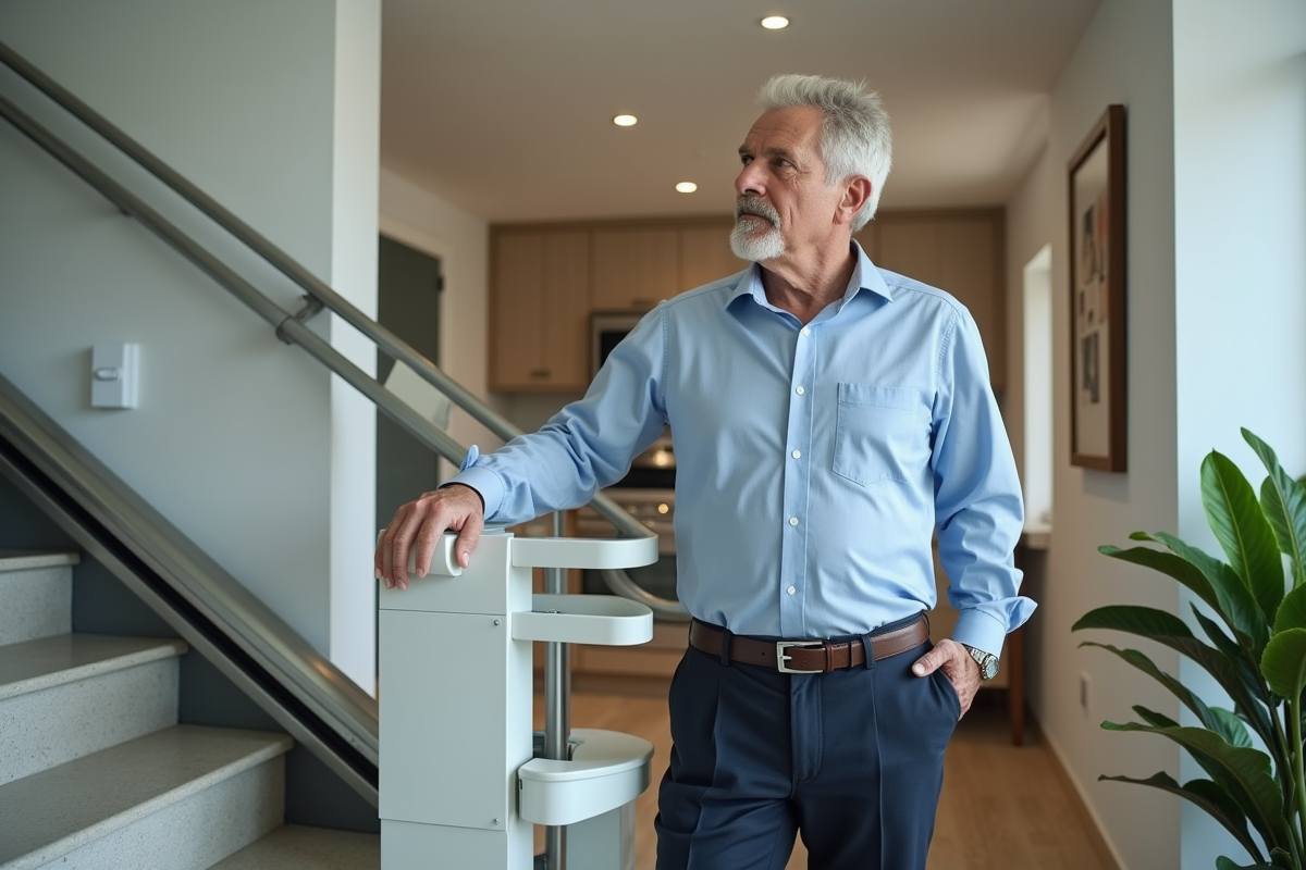 Homme d age moyen montrant le controle d un monte-escalier