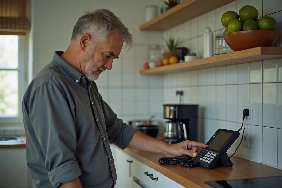 Homme consultant un téléphone sans fil branché dans une cuisine de résidence principale