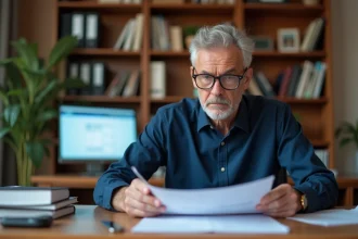 Homme de 58 ans consultant ses relevés de carrière et documents de retraite à son bureau à domicile