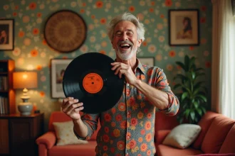 Homme joyeux de 60 ans avec vinyle vintage dans un salon rétro