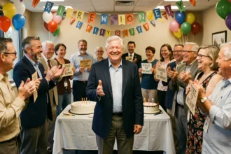 Homme souriant à sa fête de retraite entouré de collègues riant de pancartes humoristiques dans une salle décorée