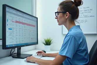 Infirmière consultant un plan de soins personnalisé sur un logiciel NETSoins en EHPAD