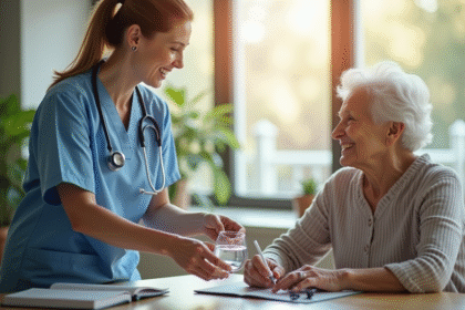 Infirmière dans une maison de retraite souriante en donnant de l'eau et médicaments