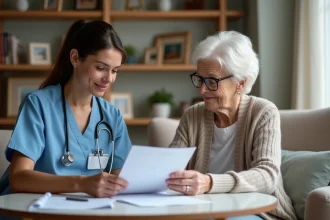 Infirmière expliquant un check-list à une personne âgée