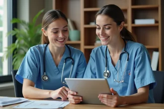 Infirmière et aide-soignante en réunion dans un EHPAD