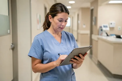 Infirmière utilisant une tablette numérique dans un couloir de maison de retraite DOMUSVI pour consulter NETSoins en mobilité
