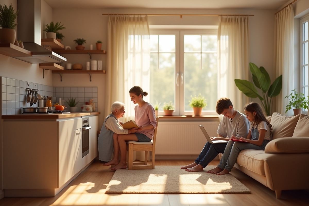 Intérieur lumineux avec famille diverse en activité quotidienne
