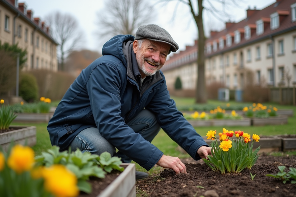 Homme âgé dans un jardin communautaire en plein printemps