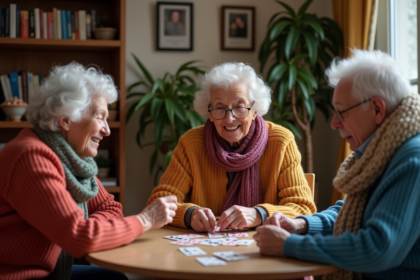 Femmes et homme âgés jouent aux cartes dans un salon chaleureux
