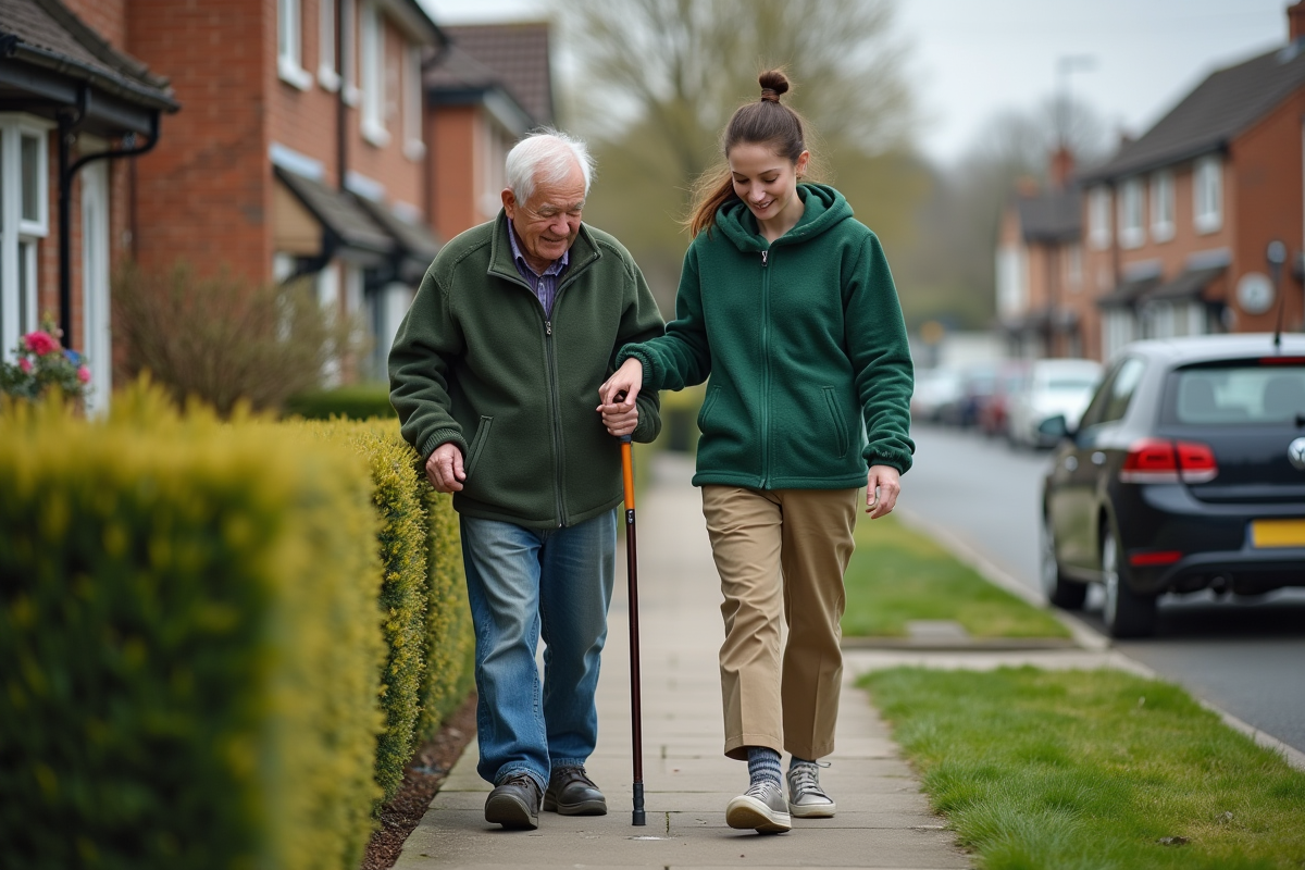 Jeune bénévole aidant un homme âgé avec une canne