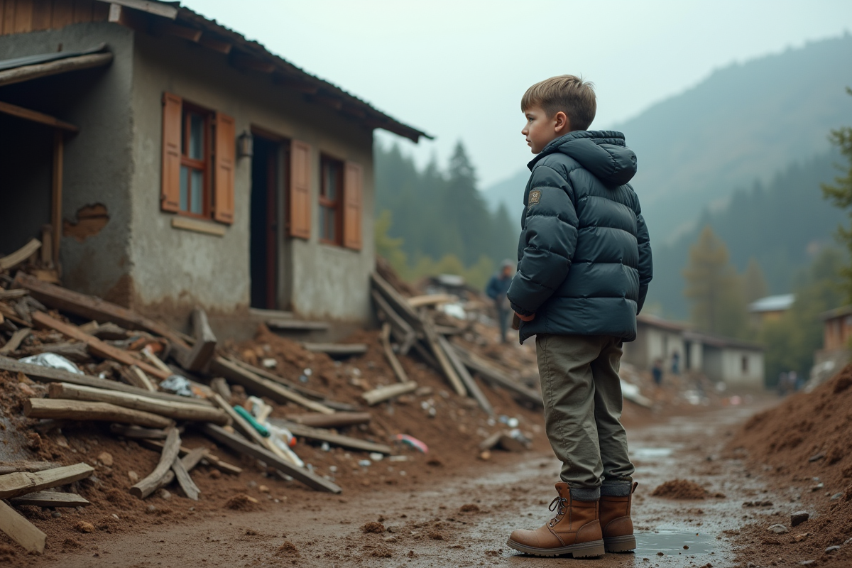 Jeune garçon devant sa maison effondrée après un glissement de terrain