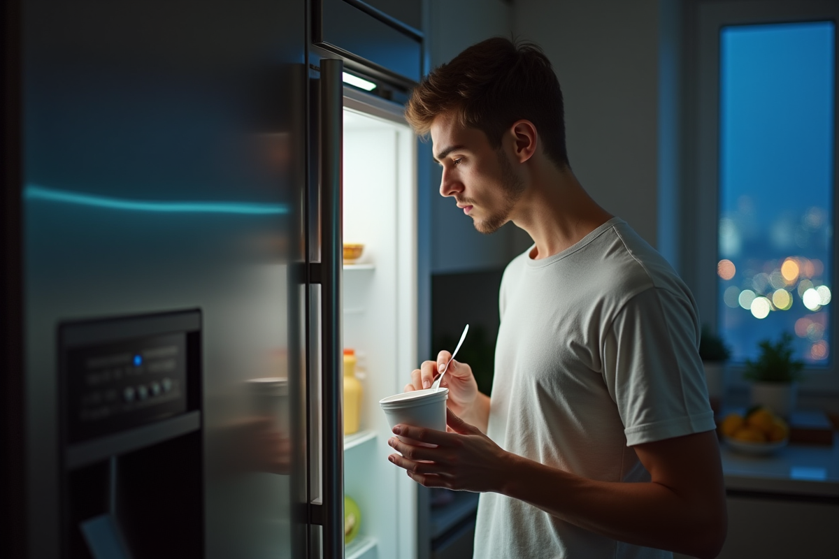 Jeune homme regarde un pot de yogourt dans un frigo ouvert la nuit