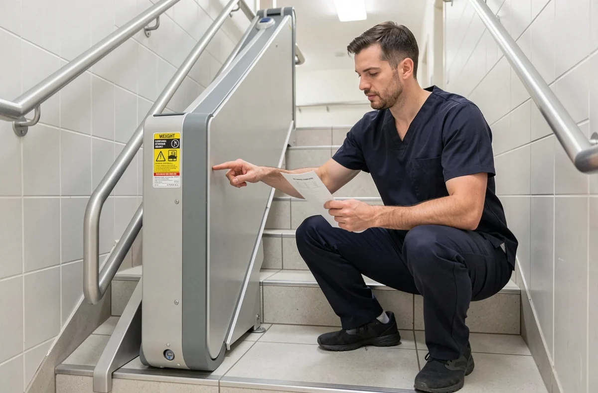 Kinésithérapeute montrant l'étiquette de charge maximale d'un monte escalier portable dans un centre de rééducation