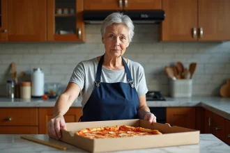 Femme d'une cinquantaine d'années ouvrant une boîte de pizza livrée à domicile et mesurant sa taille avec une règle dans une cuisine moderne
