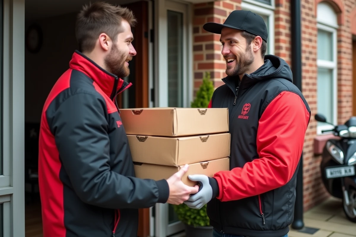 Livreur de pizza remettant deux boîtes de tailles différentes à un client sur le pas de sa porte