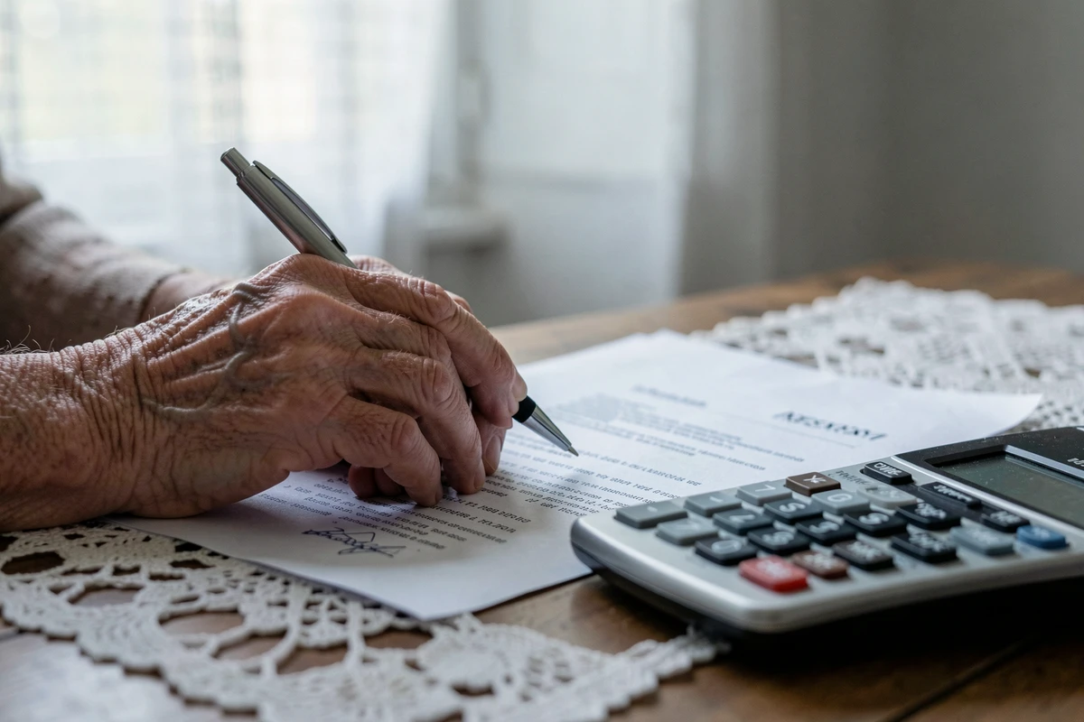 Mains de personne âgée tenant un relevé de pension Agirc-Arrco et une calculatrice