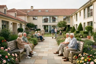 Vue d'ensemble d'une résidence seniors dans le Loiret avec jardin fleuri et résidents se promenant paisiblement