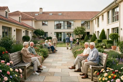 Vue d'ensemble d'une résidence seniors dans le Loiret avec jardin fleuri et résidents se promenant paisiblement