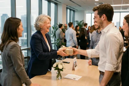 Collègues réunis autour d'une collaboratrice partant à la retraite dans un bureau moderne, échangeant des cadeaux et sourires chaleureux