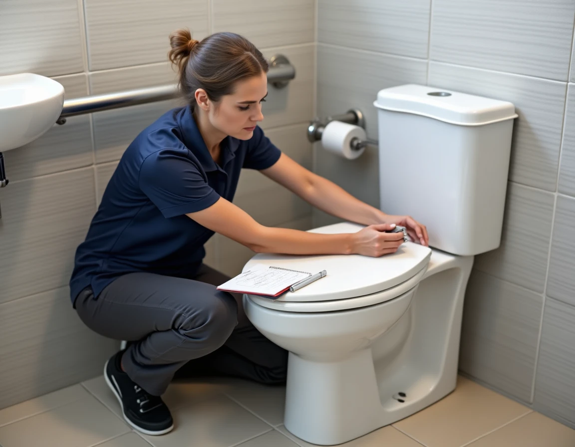 Ergothérapeute mesurant la hauteur d'une barre d'appui WC PMR avec un mètre ruban dans une salle de bain adaptée