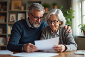 Homme et femme âgée discutant documents dans un salon chaleureux