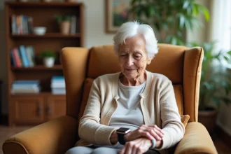 Femme âgée en maison de retraite regardant sa montre connectée à grand écran dans un salon confortable