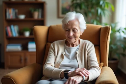 Femme âgée en maison de retraite regardant sa montre connectée à grand écran dans un salon confortable