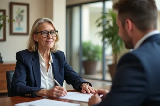 Une femme discutant sereinement des prix avec un conseiller de résidence senior devant des documents contractuels