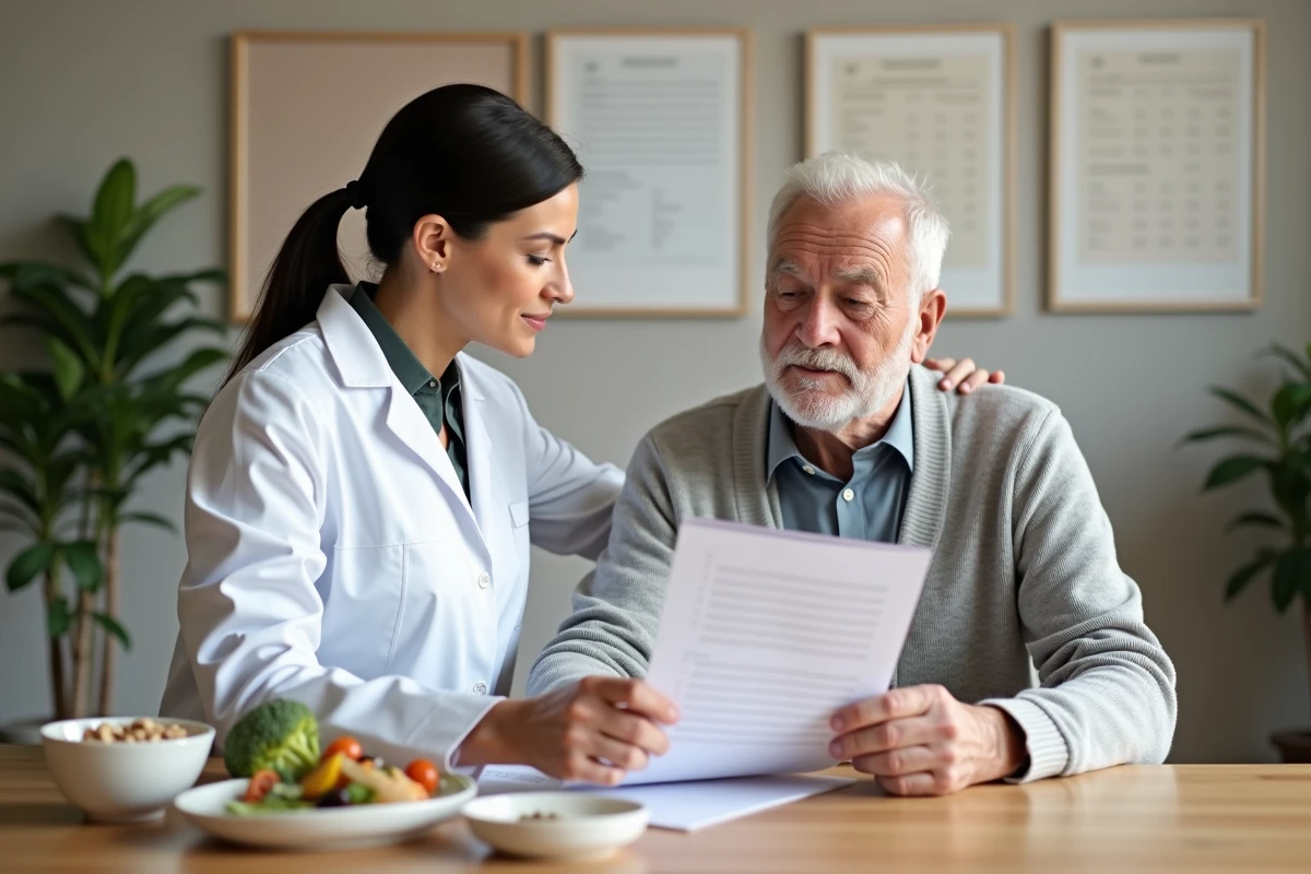 Une nutritionniste conseillant un senior sur un menu alimentaire équilibré lors d'une consultation diététique personnalisée