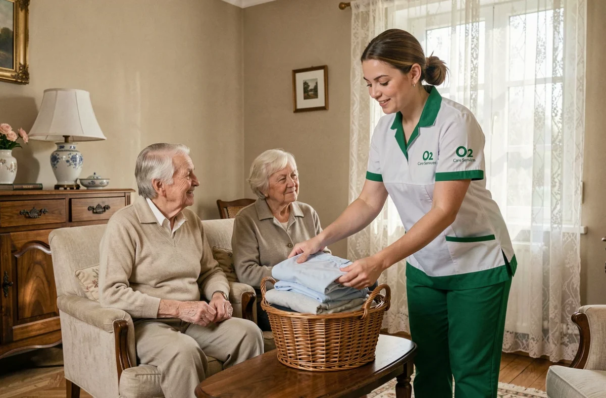Une intervenante O2 Care Services aide un couple de seniors à effectuer leur lessive dans leur maison