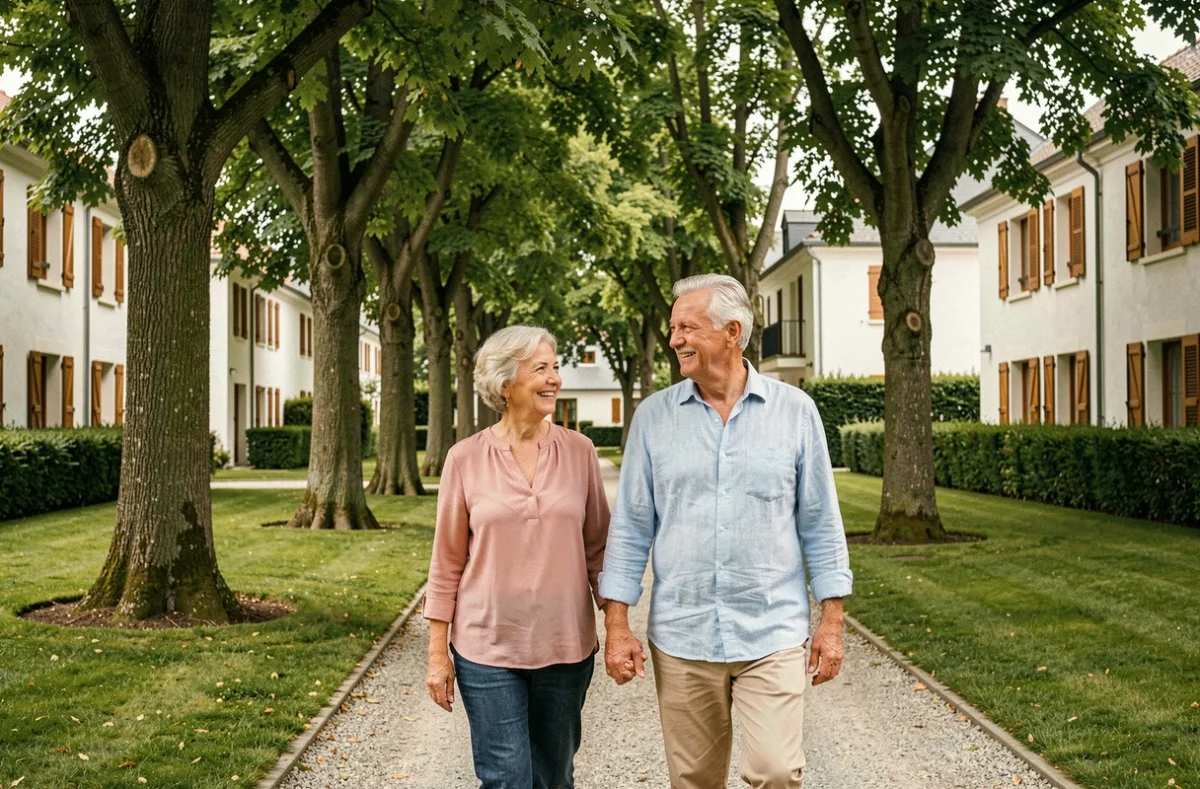 Couple de résidents se promenant dans l'allée arborée de la résidence OVELIA Le Clos de la Reine Blanche à Orléans