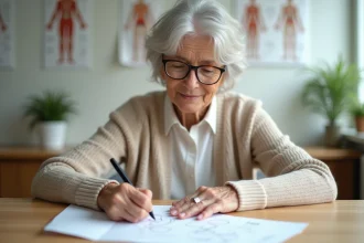 Patiente âgée effectuant le test de l'horloge lors d'une consultation médicale, dessinant sur une feuille blanche avec un stylo sous la supervision d'un médecin