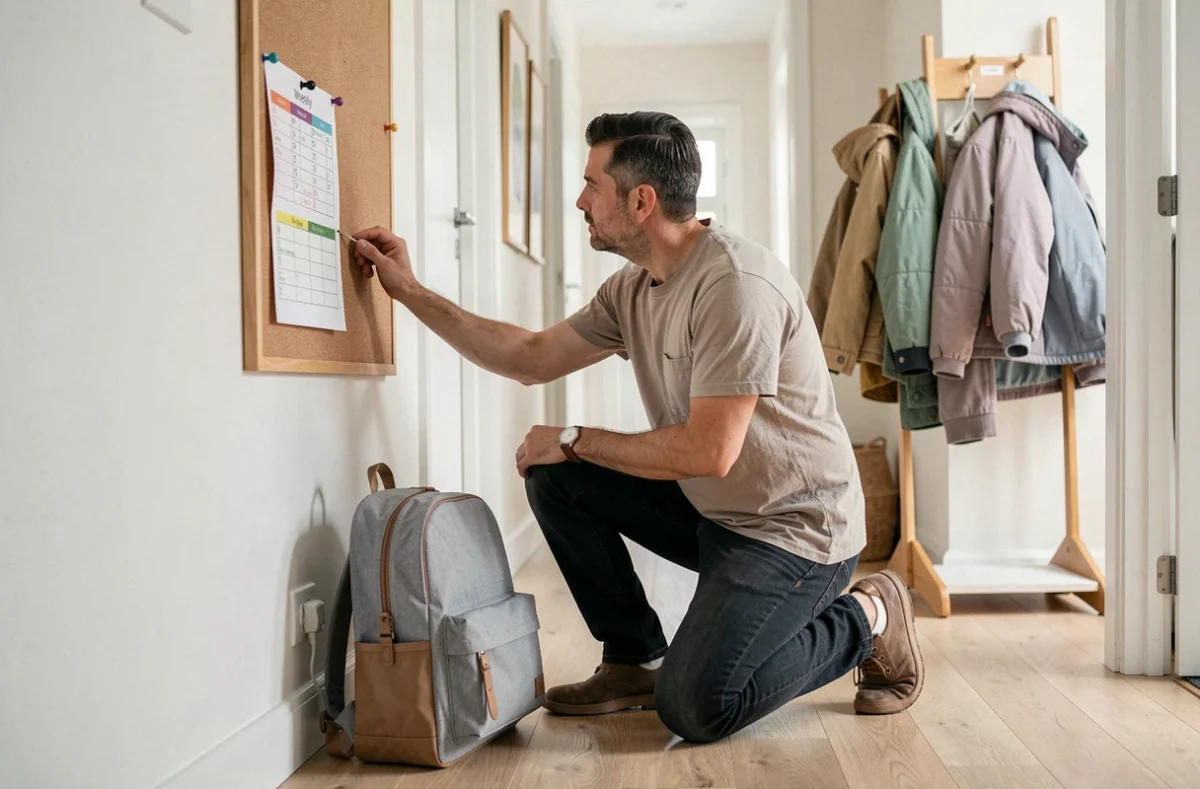 Un père vérifie le planning hebdomadaire de garde partagée affiché dans le couloir familial