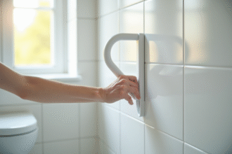 Personne agee tenant une barre de maintien en suction dans une salle de bain lumineuse