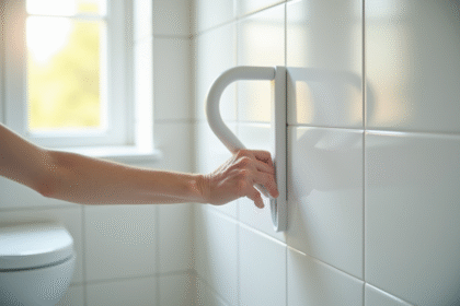 Personne agee tenant une barre de maintien en suction dans une salle de bain lumineuse