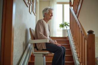 Femme agee souriante sur un monte-escalier moderne dans sa maison