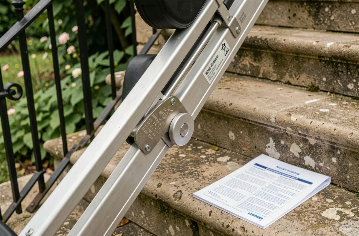 Gros plan sur la plaque de capacité de charge d'un monte escalier portable posé sur un escalier en pierre d'une maison française avec notice technique