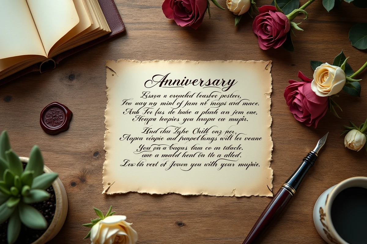 Poème d'anniversaire 70 ans manuscrit posé sur un bureau en chêne avec plume, fleurs séchées et cachet de cire