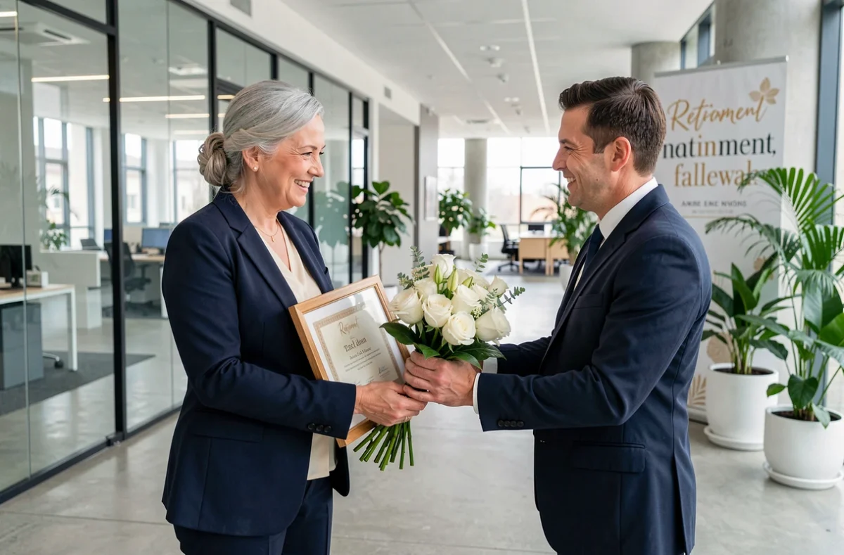Femme recevant un certificat et des fleurs lors de son pot de départ à la retraite dans un bureau moderne