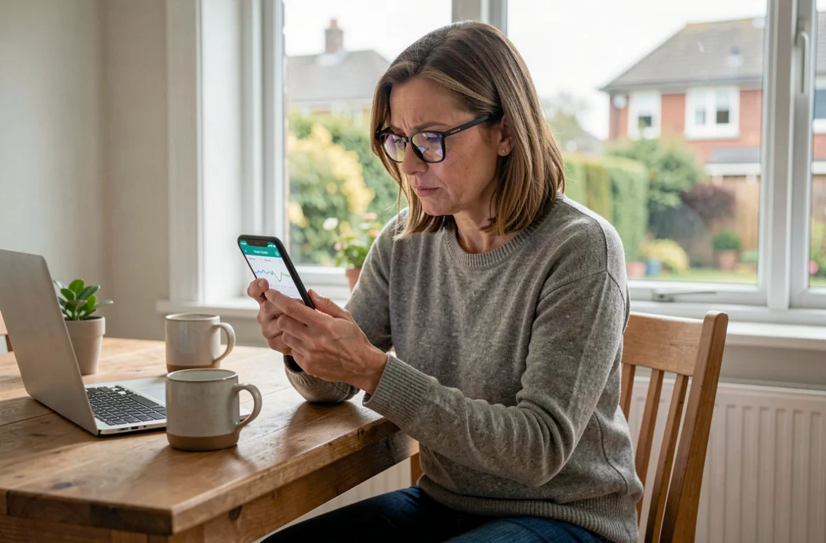Proche aidante consultant l'application de suivi de maintien à domicile sur smartphone