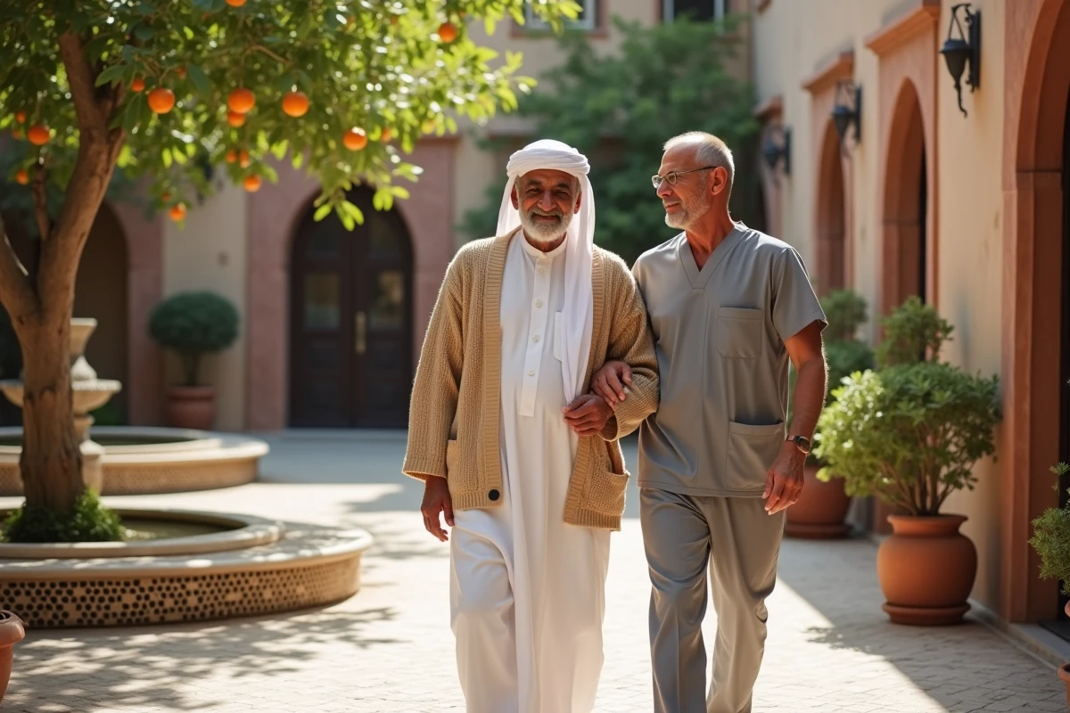 Personne âgée atteinte d'Alzheimer se promenant dans le patio d'une maison de retraite médicalisée au Maroc