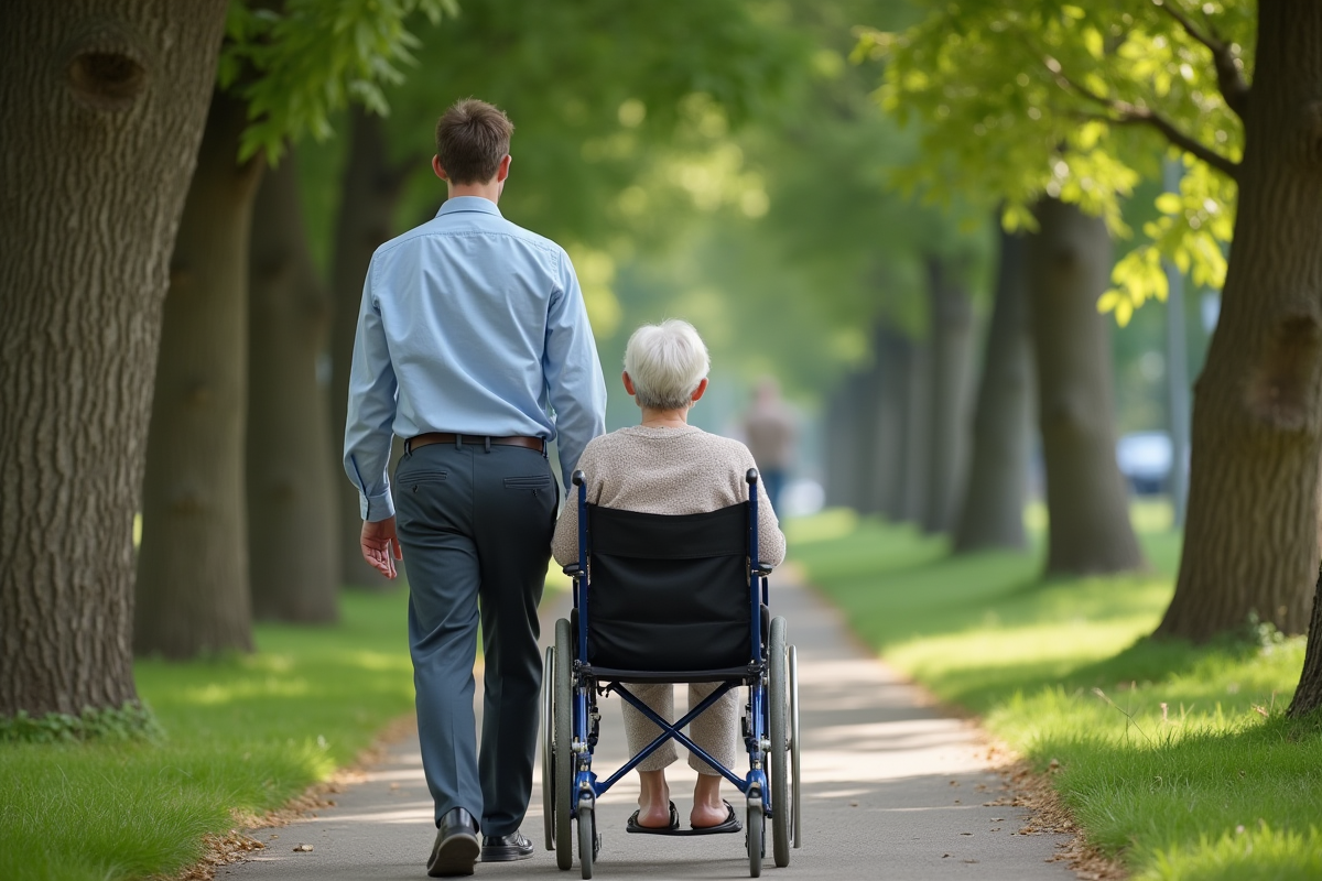 Jeune homme poussant sa mère en fauteuil dans un parc