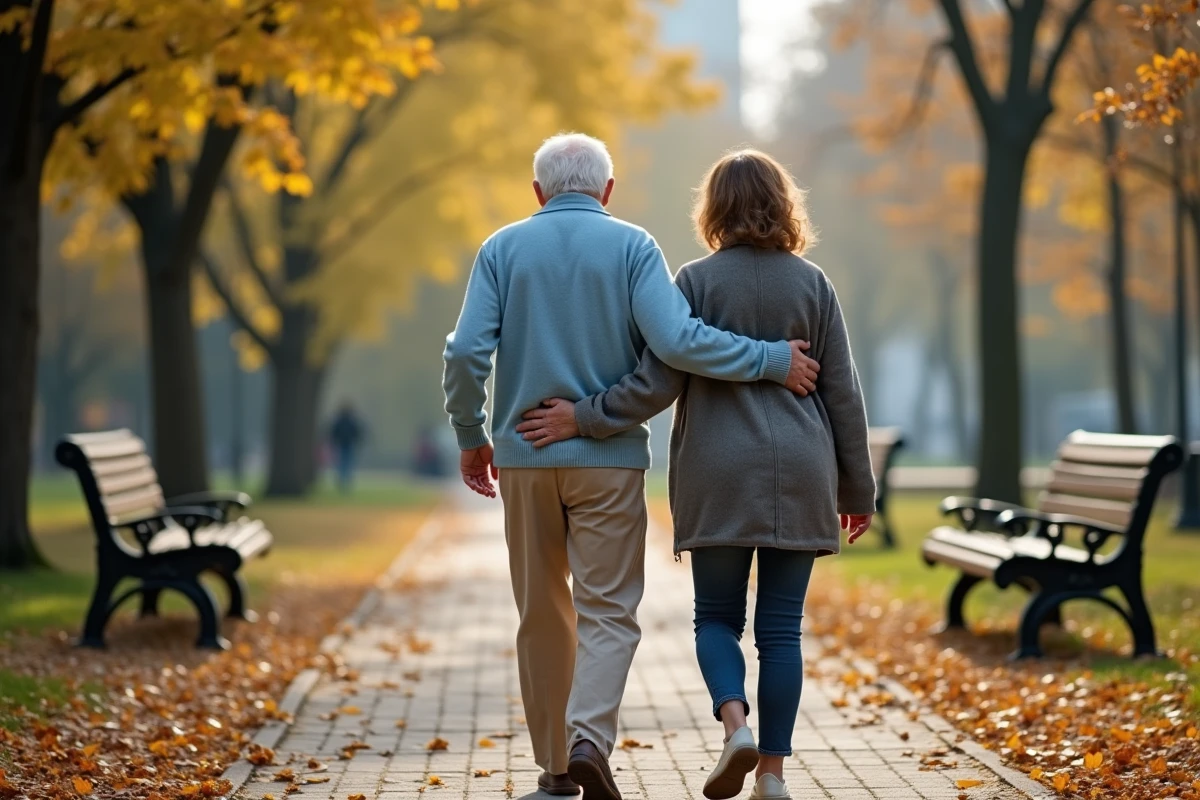 Homme âgé marchant dans un parc avec sa fille
