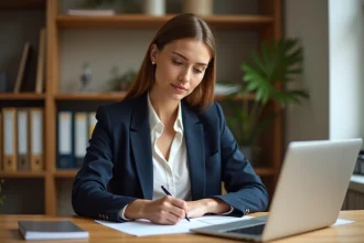 Femme rédigeant une lettre de motivation pour une maison de retraite à son bureau à domicile
