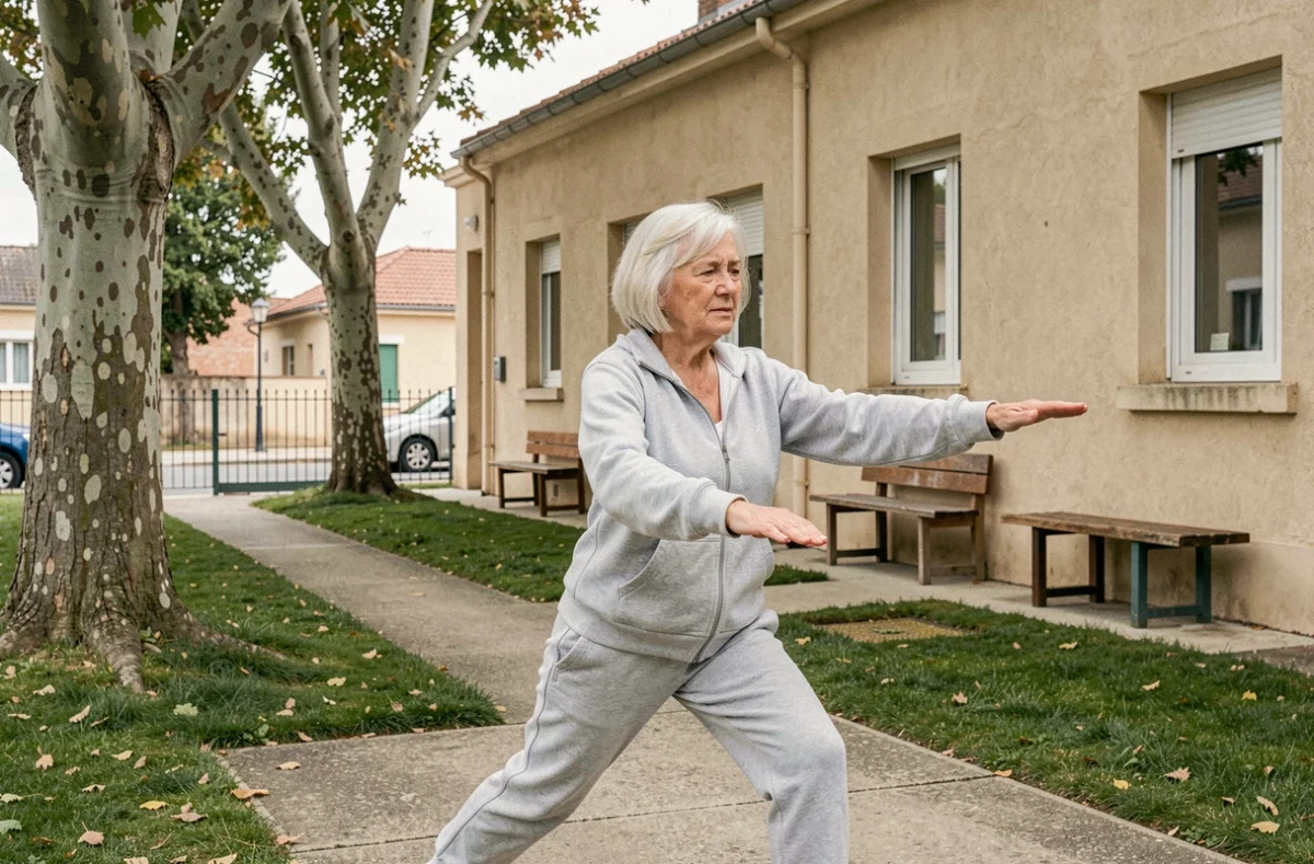 Résidente pratiquant des exercices de stretching dans l'espace vert de la résidence autonomie Les Colchiques à Saint-Jean-de-la-Ruelle