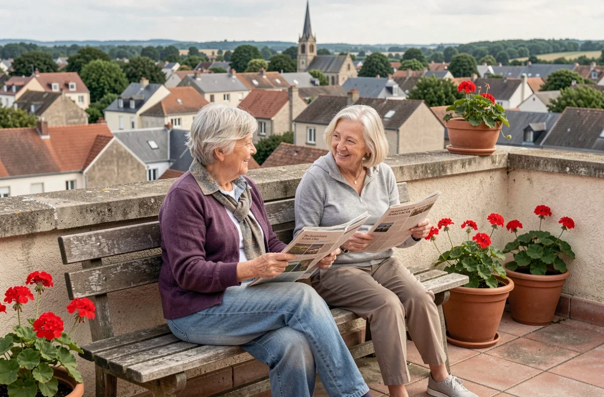 Deux résidentes discutant sur la terrasse avec vue sur Montargis à la résidence autonomie Le Plateau