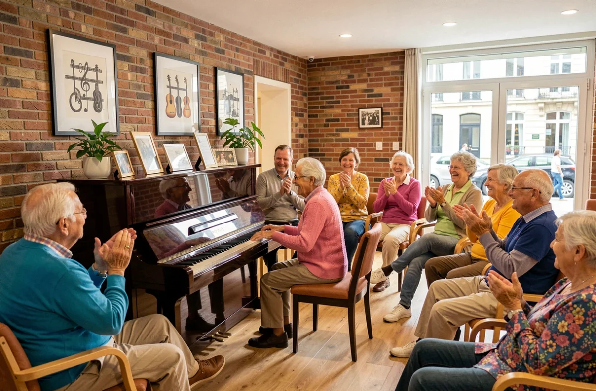 Résidents animant une session musicale autour d'un piano dans la salle commune de la résidence Les Music'Halles à Orléans