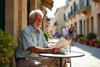 Homme retire souriant lisant guide dans un cafe en Mediterranee