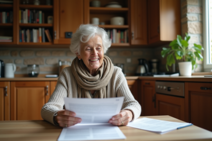 Une retraitée en train de lire ses documents de pension dans sa cuisine chaleureuse